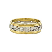 Retro 14kt Yellow + White Gold Mixed Metals Carved Floral Band