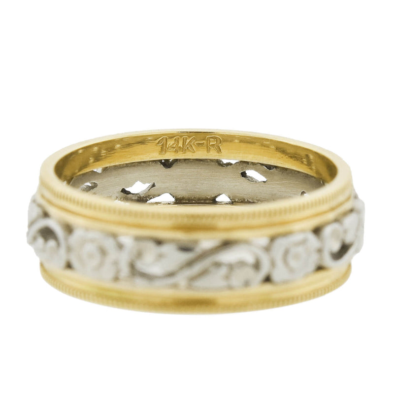 Retro 14kt Yellow + White Gold Mixed Metals Carved Floral Band