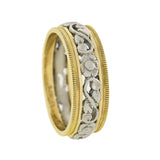 Retro 14kt Yellow + White Gold Mixed Metals Carved Floral Band