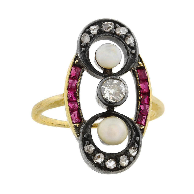 Victorian 14kt/Sterling Diamond, Ruby + Pearl Ring