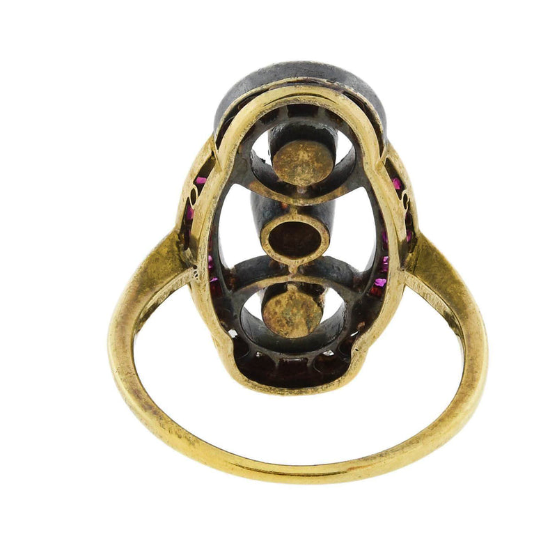 Victorian 14kt/Sterling Diamond, Ruby + Pearl Ring