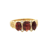 Victorian Style 14kt Faceted Garnet + Diamond 3 Stone Ring