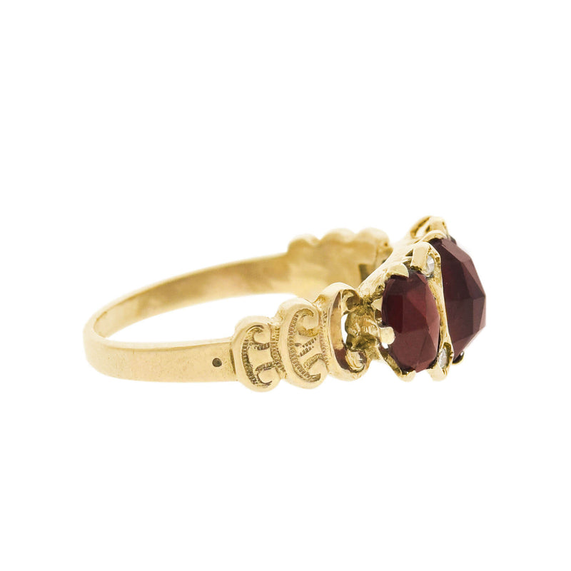 Victorian Style 14kt Faceted Garnet + Diamond 3 Stone Ring