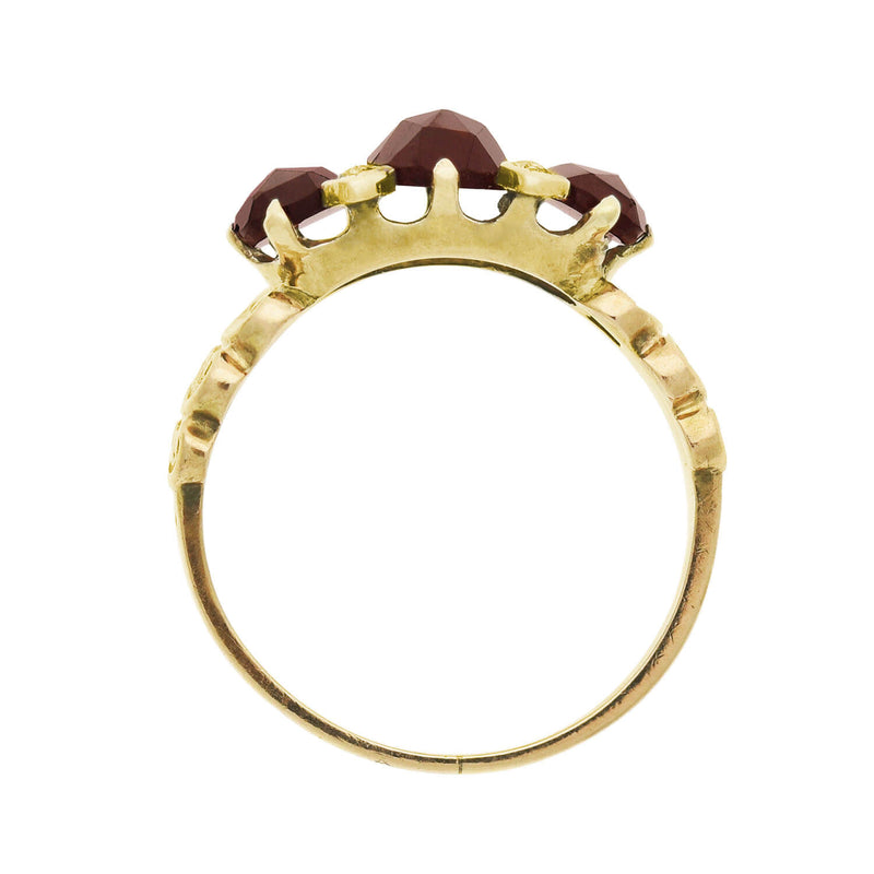 Victorian Style 14kt Faceted Garnet + Diamond 3 Stone Ring