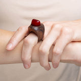 Vintage Carved Wood + Red Bakelite Domed Ring