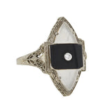 Art Deco 14kt Rock Quartz, Onyx & Diamond Filigree Navette Ring