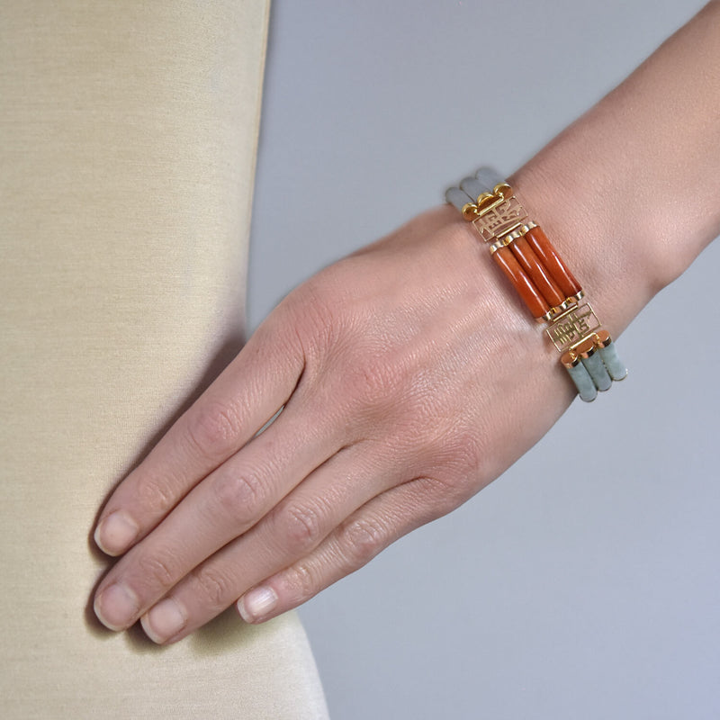 Vintage 14kt Carved Multi-Colored Jade Link Bracelet