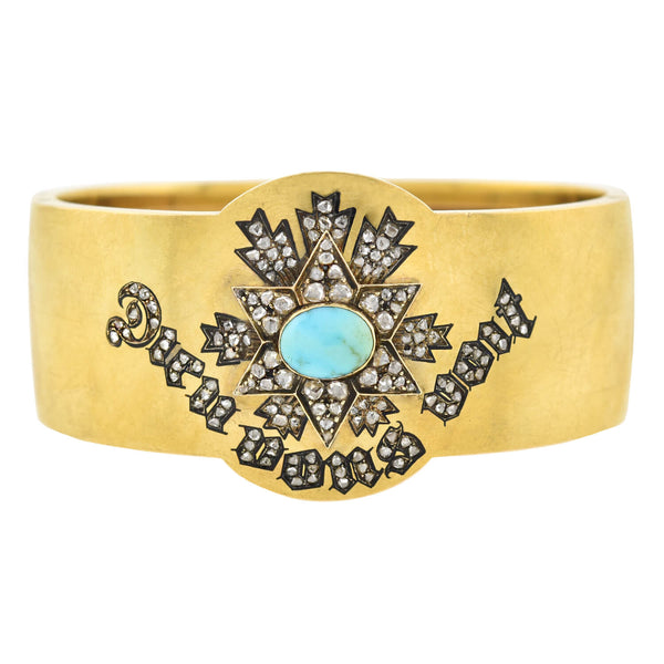 Victorian 18kt Diamond + Turquoise "Dieu vous voit" Bangle Bracelet