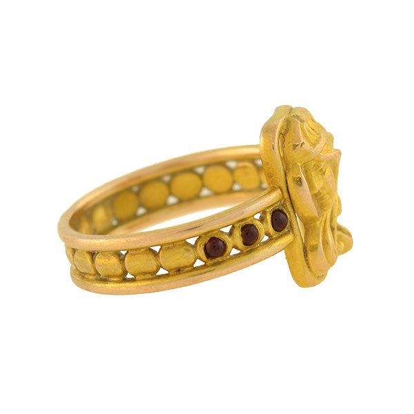 Art Nouveau 14k Garnet + Diamond Repousse Woman Ring