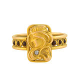 Art Nouveau 14k Garnet + Diamond Repousse Woman Ring