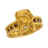 Art Nouveau 14k Garnet + Diamond Repousse Woman Ring