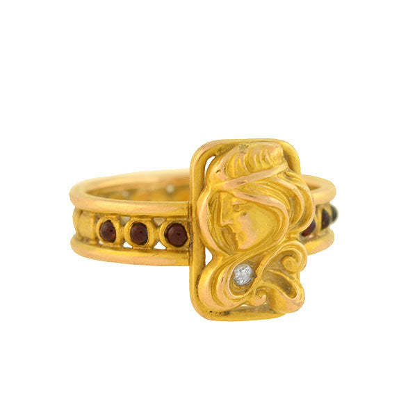 Art Nouveau 14k Garnet + Diamond Repousse Woman Ring