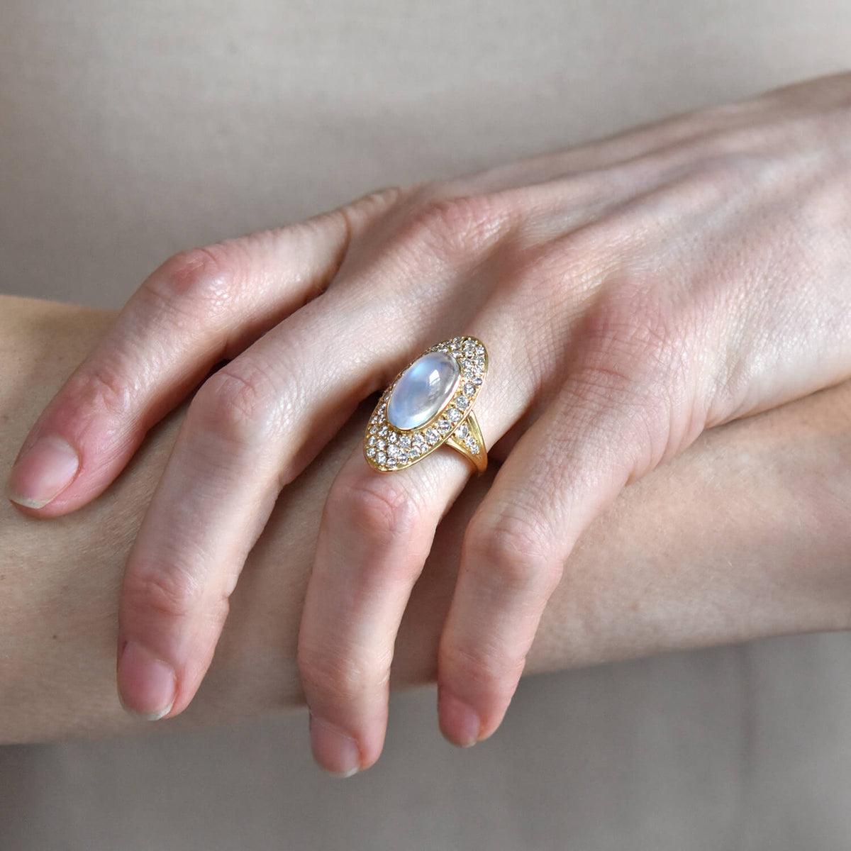 Retro Large 18kt Moonstone + Pavé Set Diamond Navette Ring