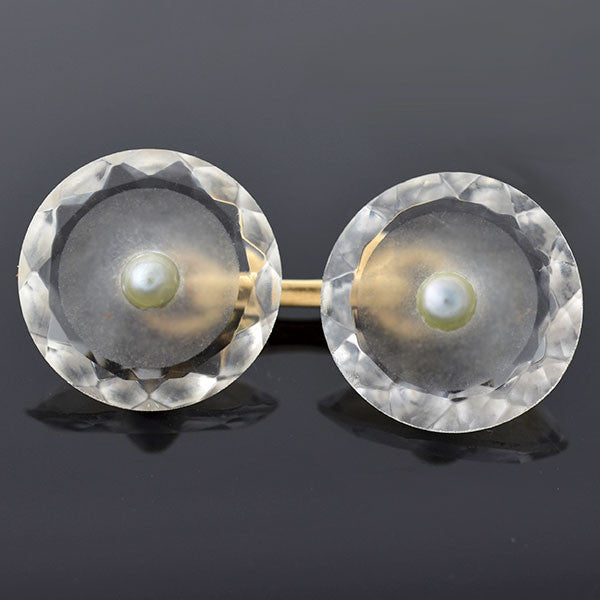 LARTER & SONS Art Deco 14kt Rock Crystal & Pearl Cufflinks