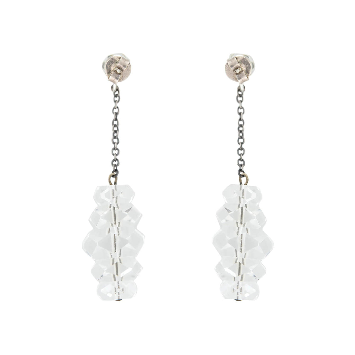 Retro Sterling + Rock Quartz Crystal Rondelle Dangle Earrings
