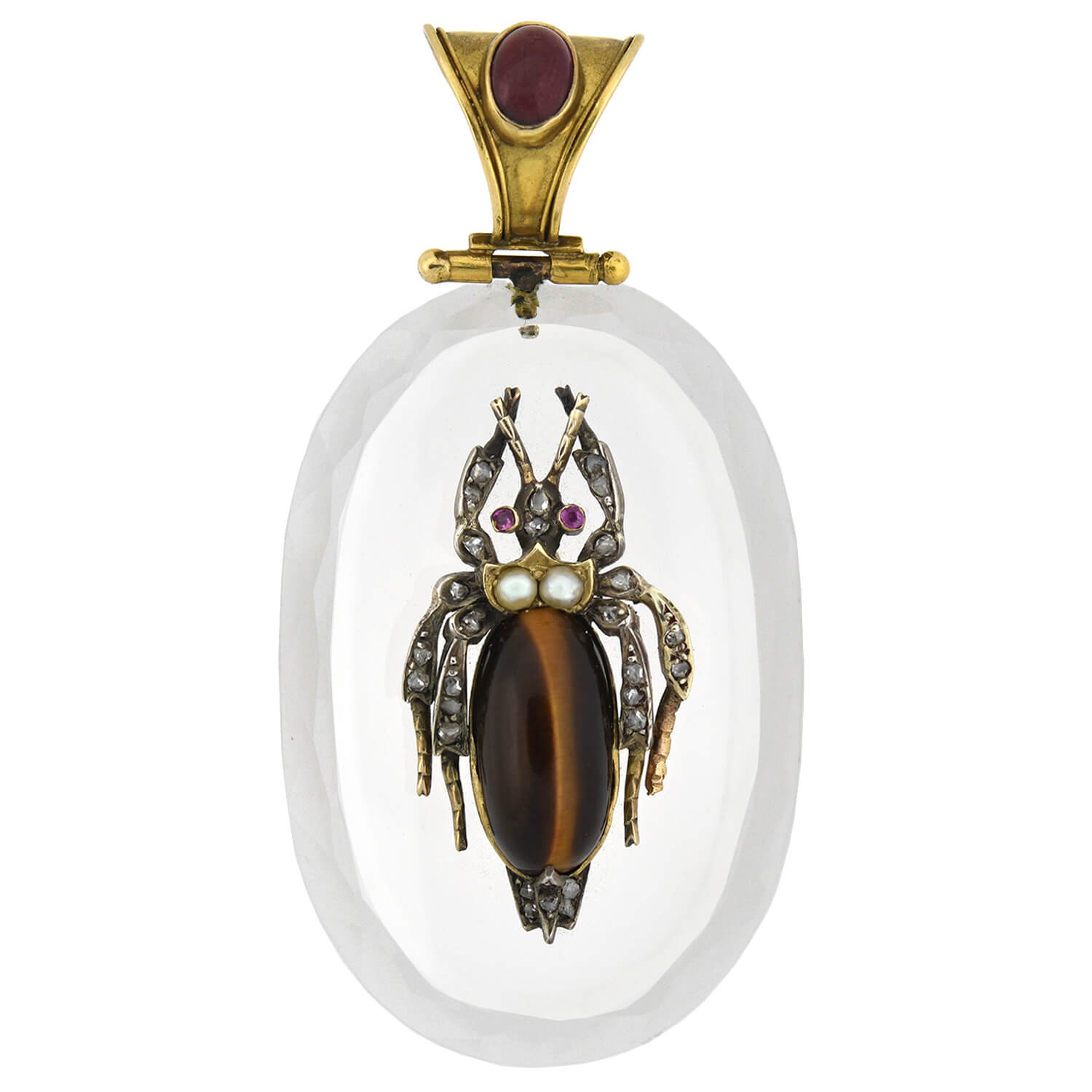 Victorian Large 18kt Rock Crystal, Diamond, Garnet + Tiger Eye Bug Pendant