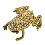 Late Victorian Silver Gilt Rose Cut Diamond & Ruby Frog Pin