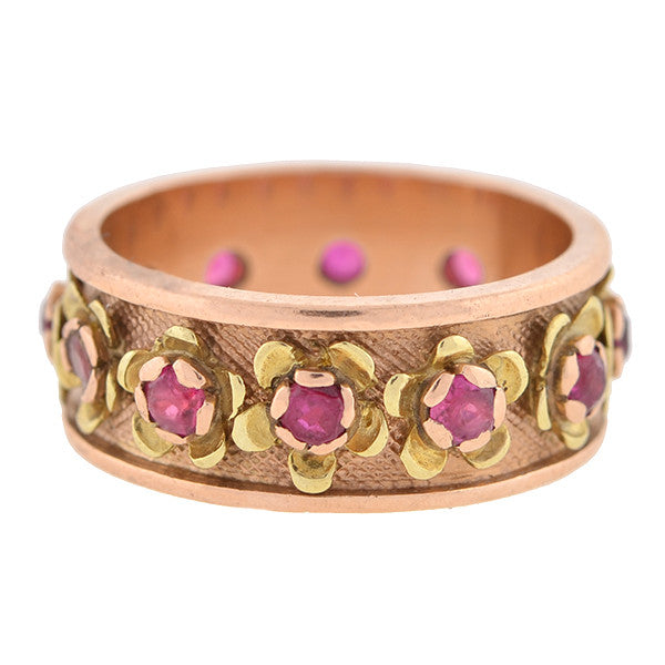 Retro 14kt Ruby Mixed Metals Flower Band Ring