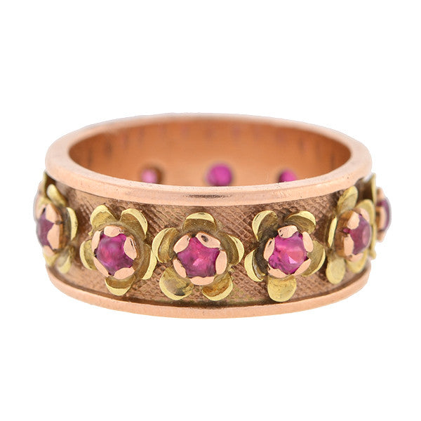 Retro 14kt Ruby Mixed Metals Flower Band Ring