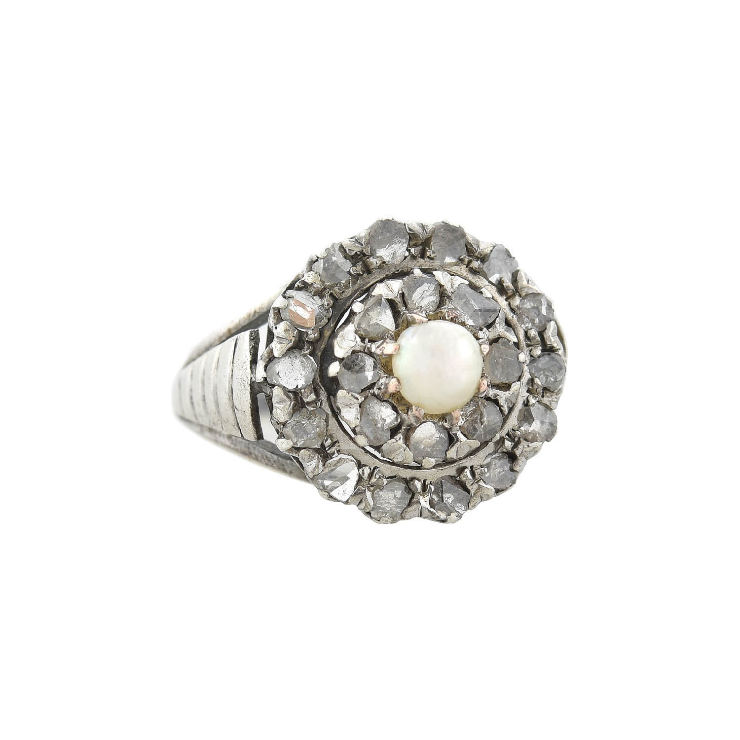 Georgian Sterling Rose Cut Diamond + Pearl Double Halo Cluster Ring