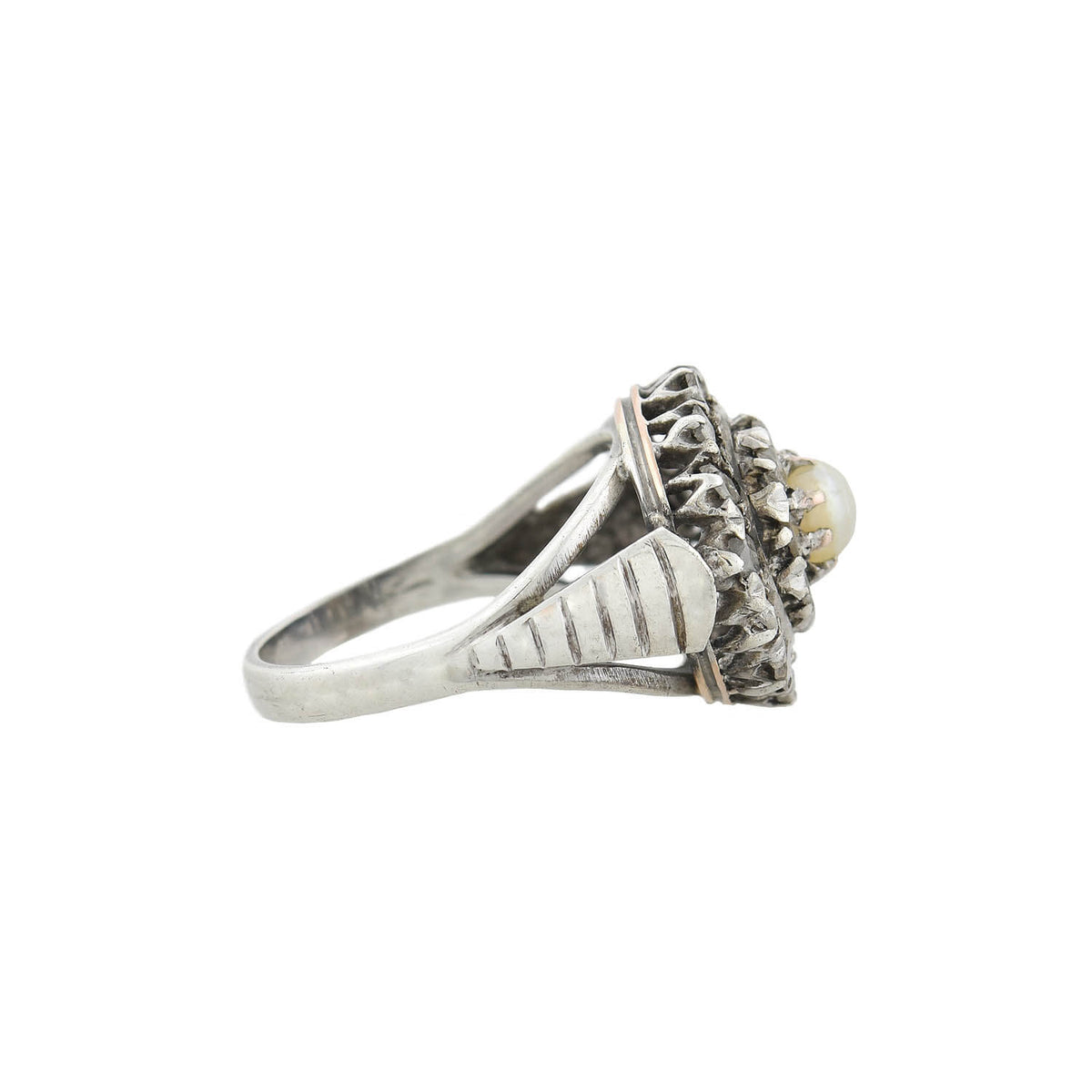 Georgian Sterling Rose Cut Diamond + Pearl Double Halo Cluster Ring