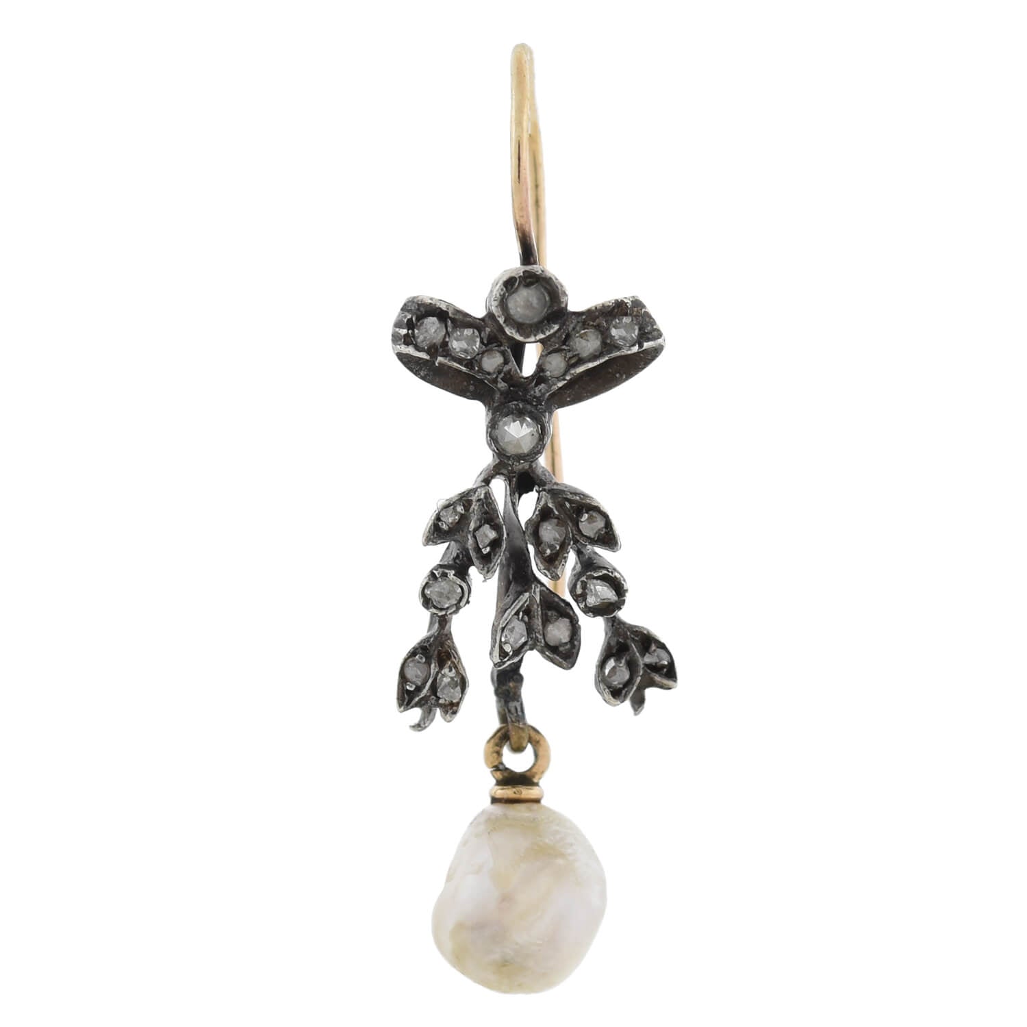 Victorian Sterling/14kt Rose Cut Diamond + Natural Pearl Bow Motif Earrings