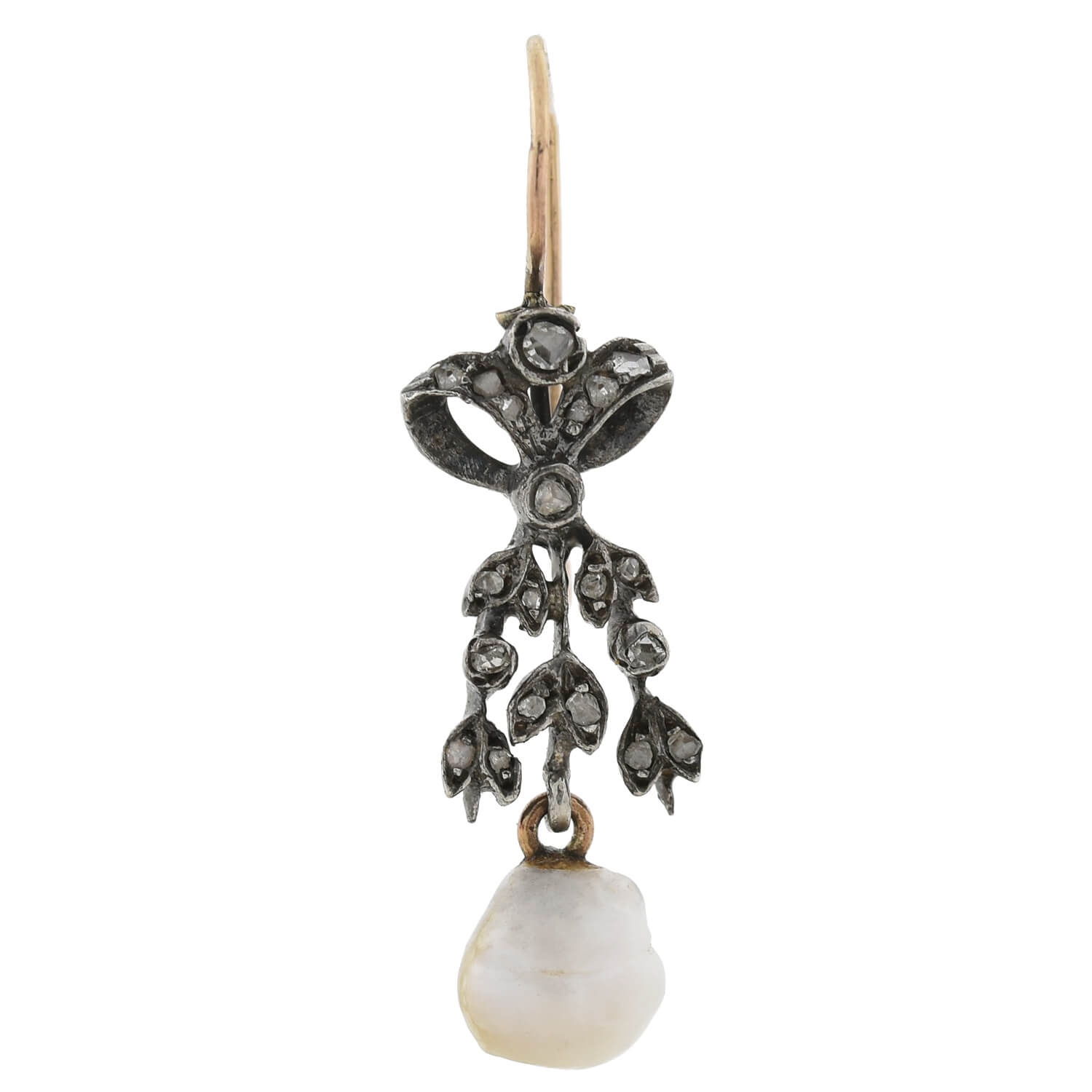 Victorian Sterling/14kt Rose Cut Diamond + Natural Pearl Bow Motif Earrings