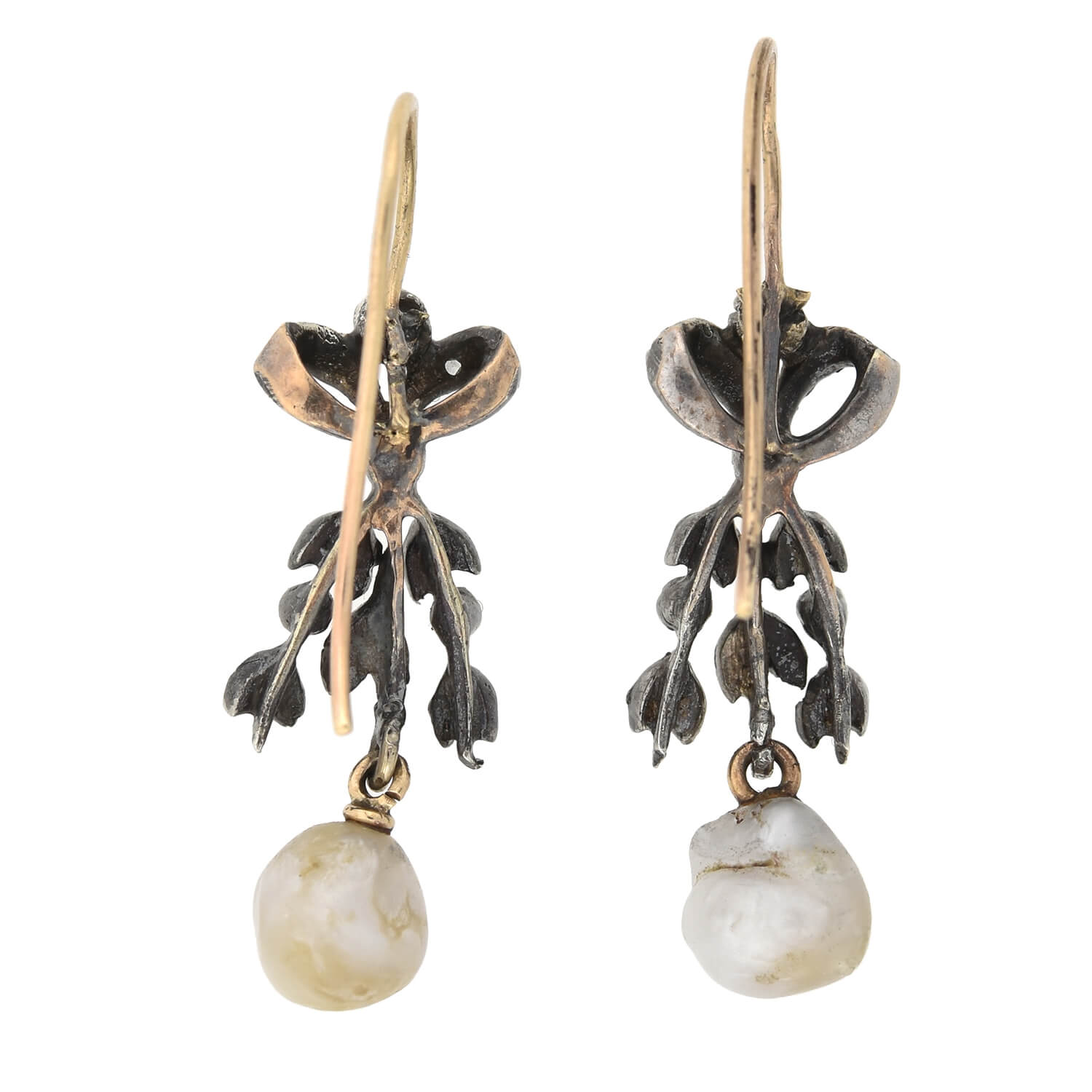 Victorian Sterling/14kt Rose Cut Diamond + Natural Pearl Bow Motif Earrings