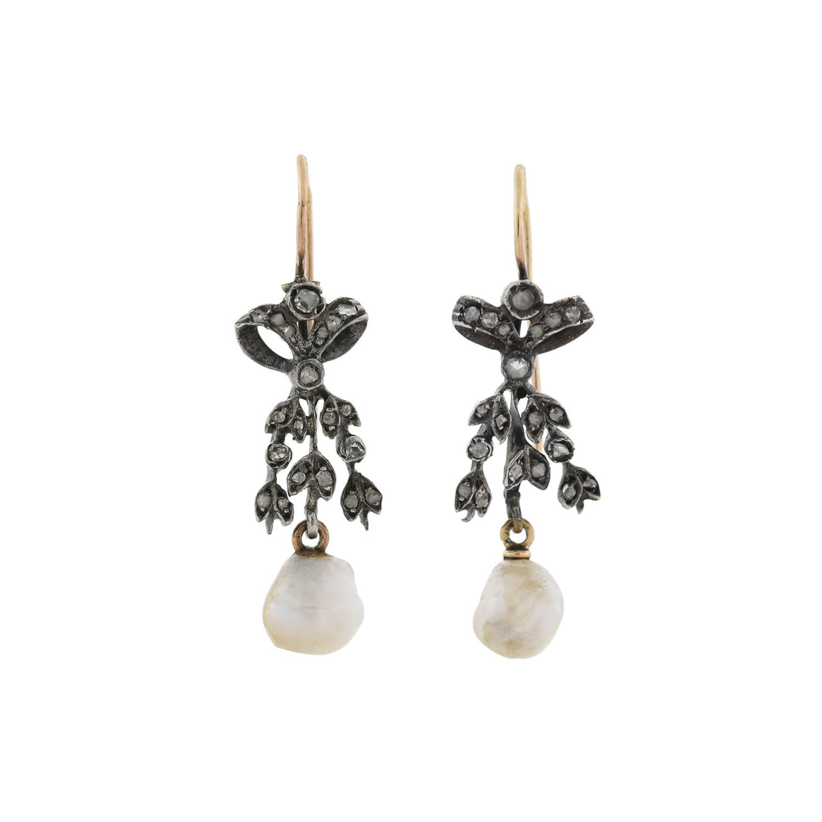 Victorian S/S 14kt Rose Cut Diamond + Pearl Earrings