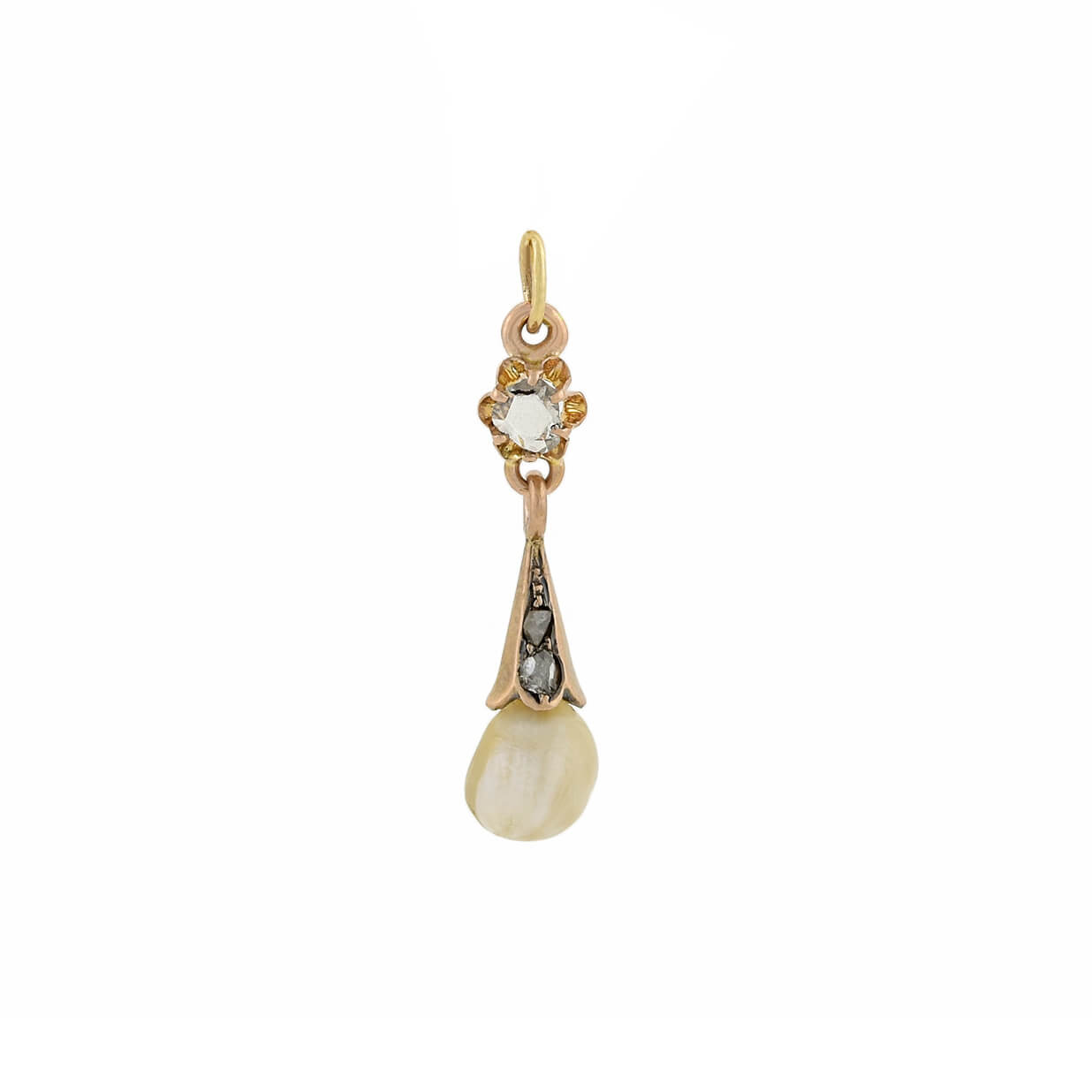 Victorian 14kt Rose Cut Diamond + Natural Pearl Pendant
