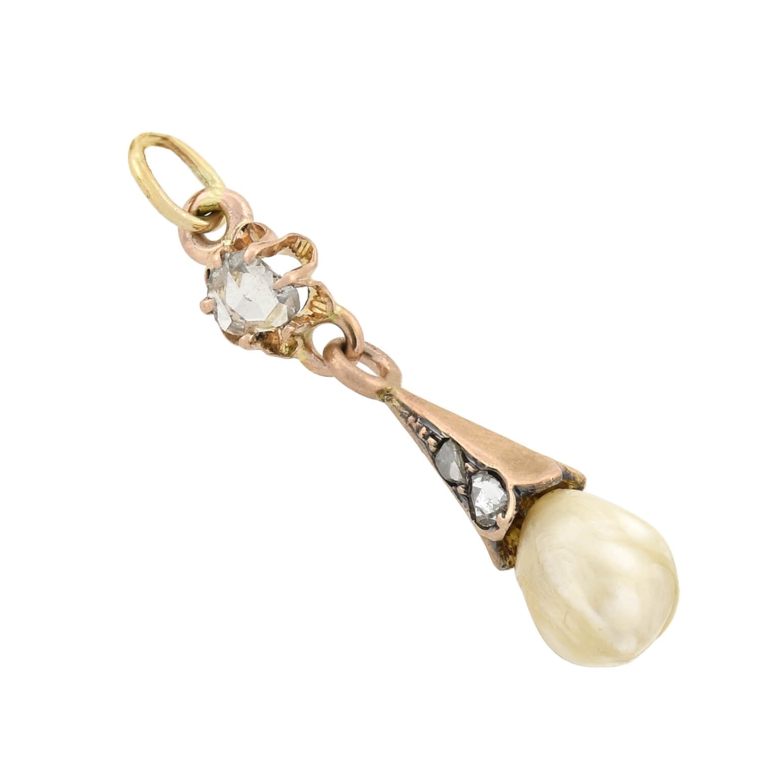 Victorian 14kt Rose Cut Diamond + Natural Pearl Pendant