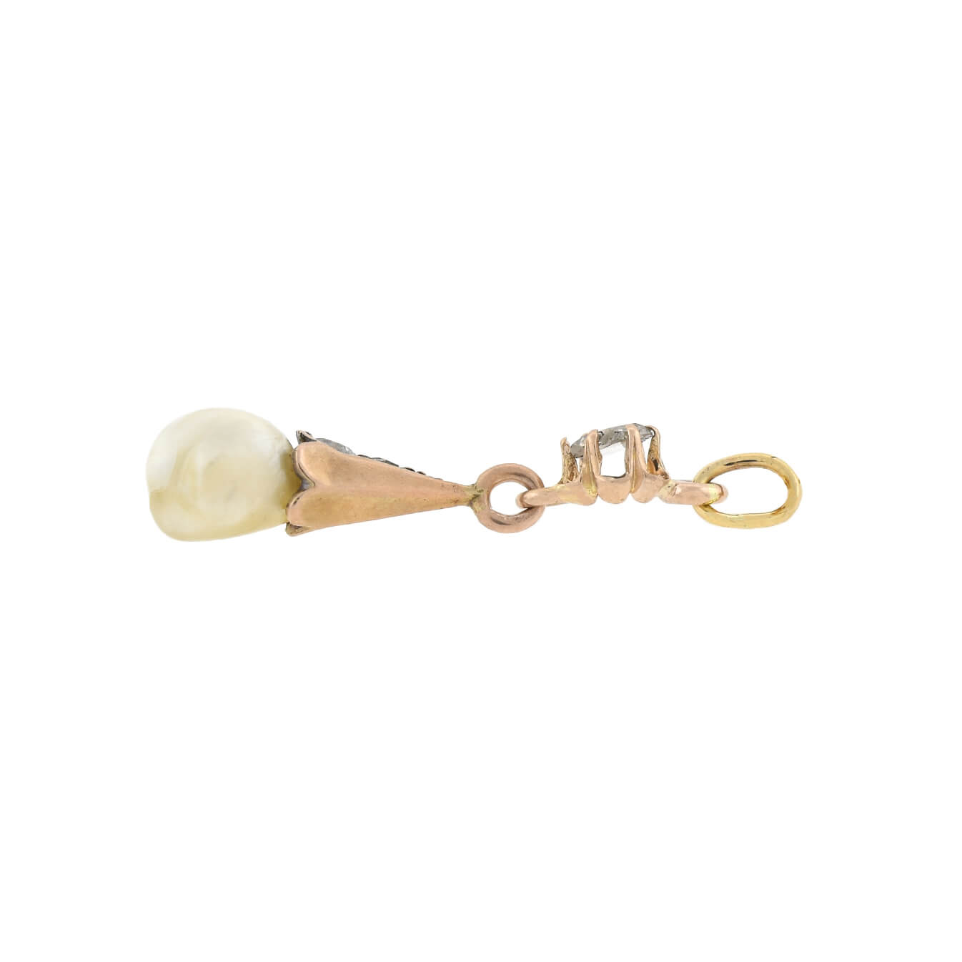 Victorian 14kt Rose Cut Diamond + Natural Pearl Pendant