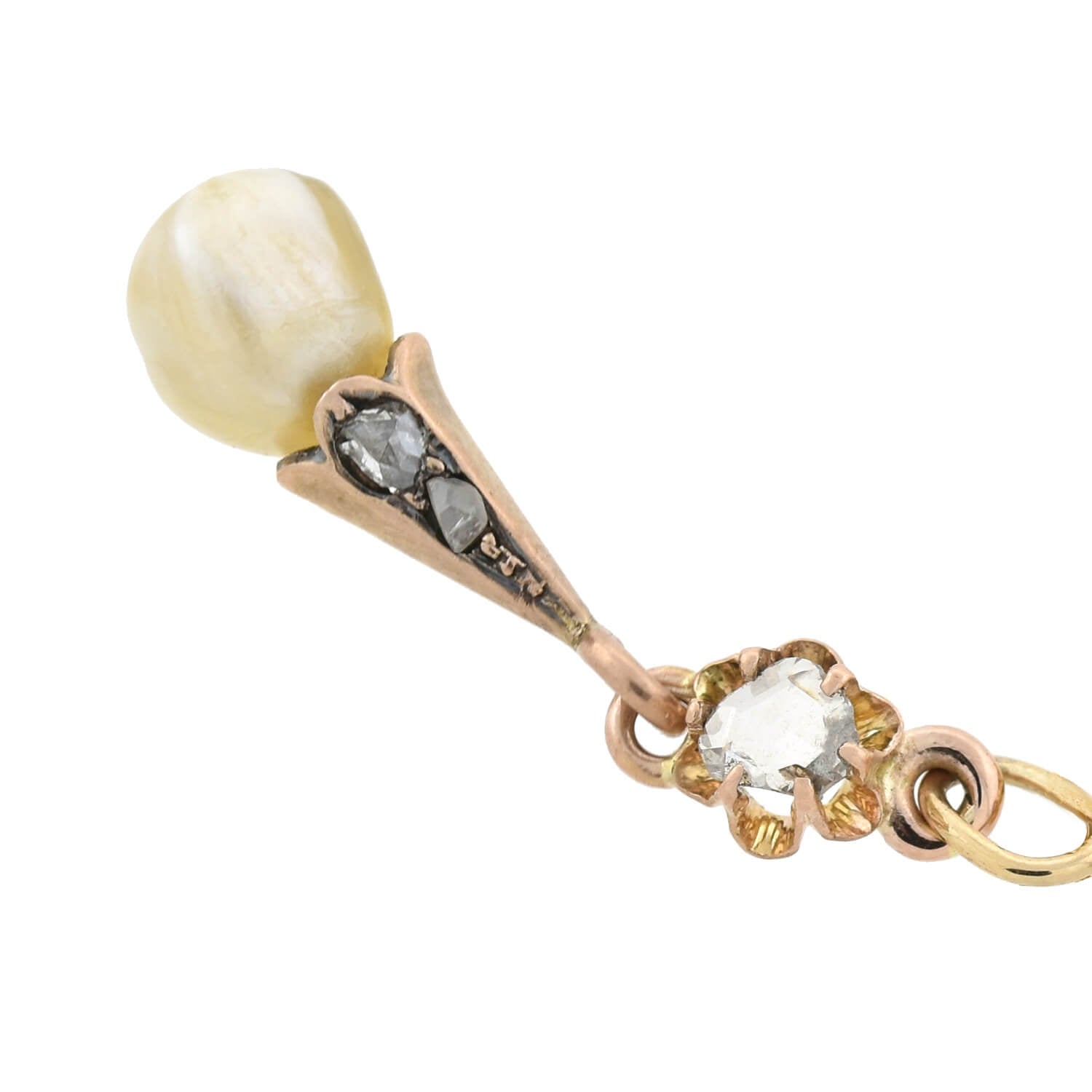Victorian 14kt Rose Cut Diamond + Natural Pearl Pendant