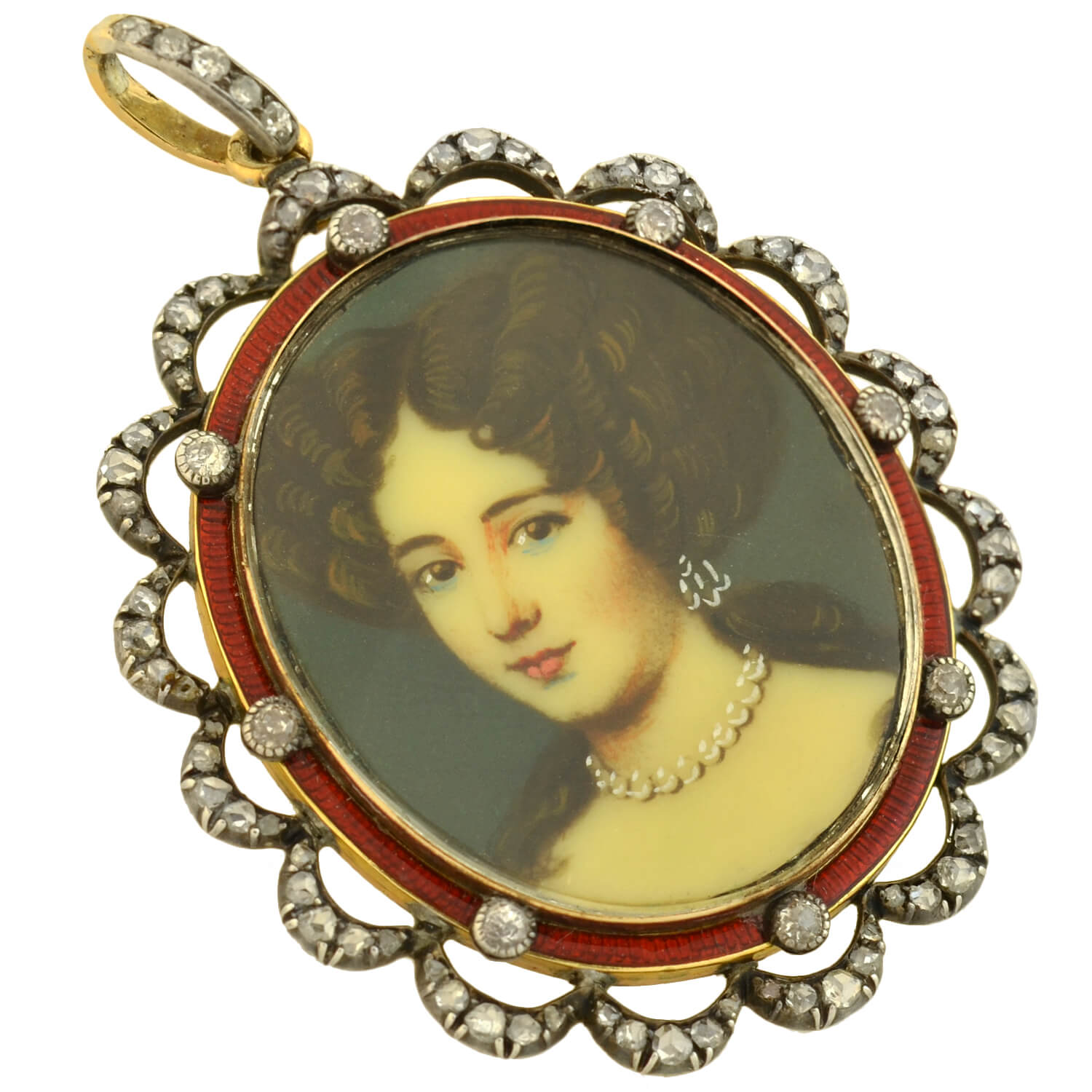 Victorian Sterling/14kt Enameled Diamond + Painted Portrait Locket Pendant
