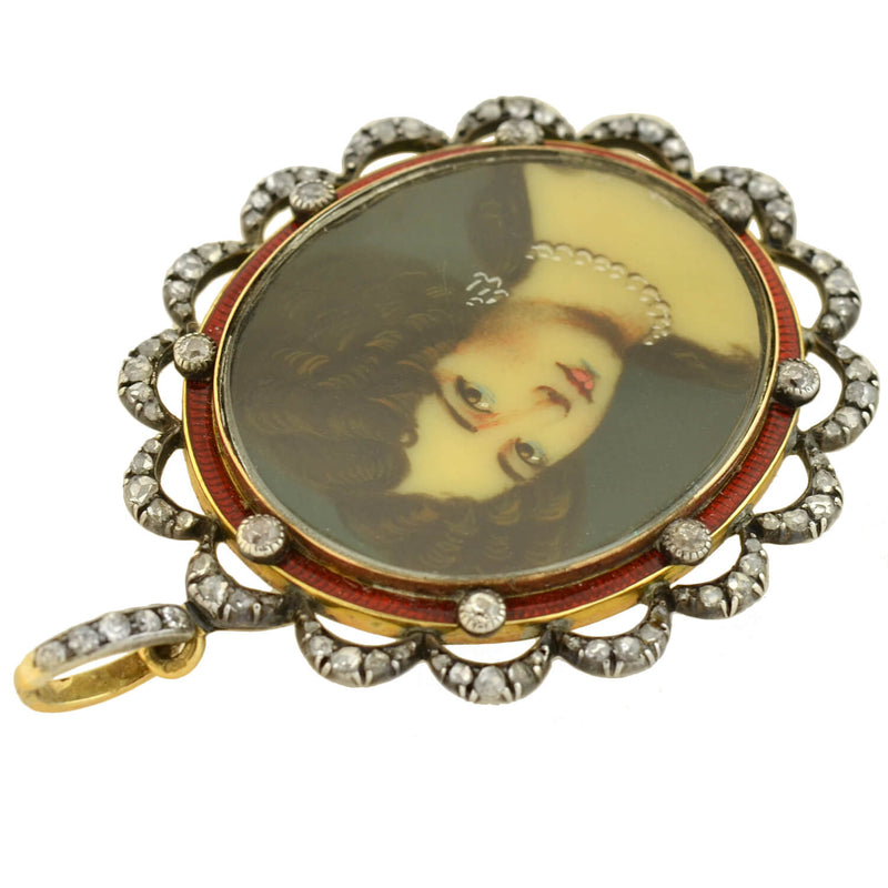 Victorian Sterling/14kt Enameled Diamond + Painted Portrait Locket Pendant