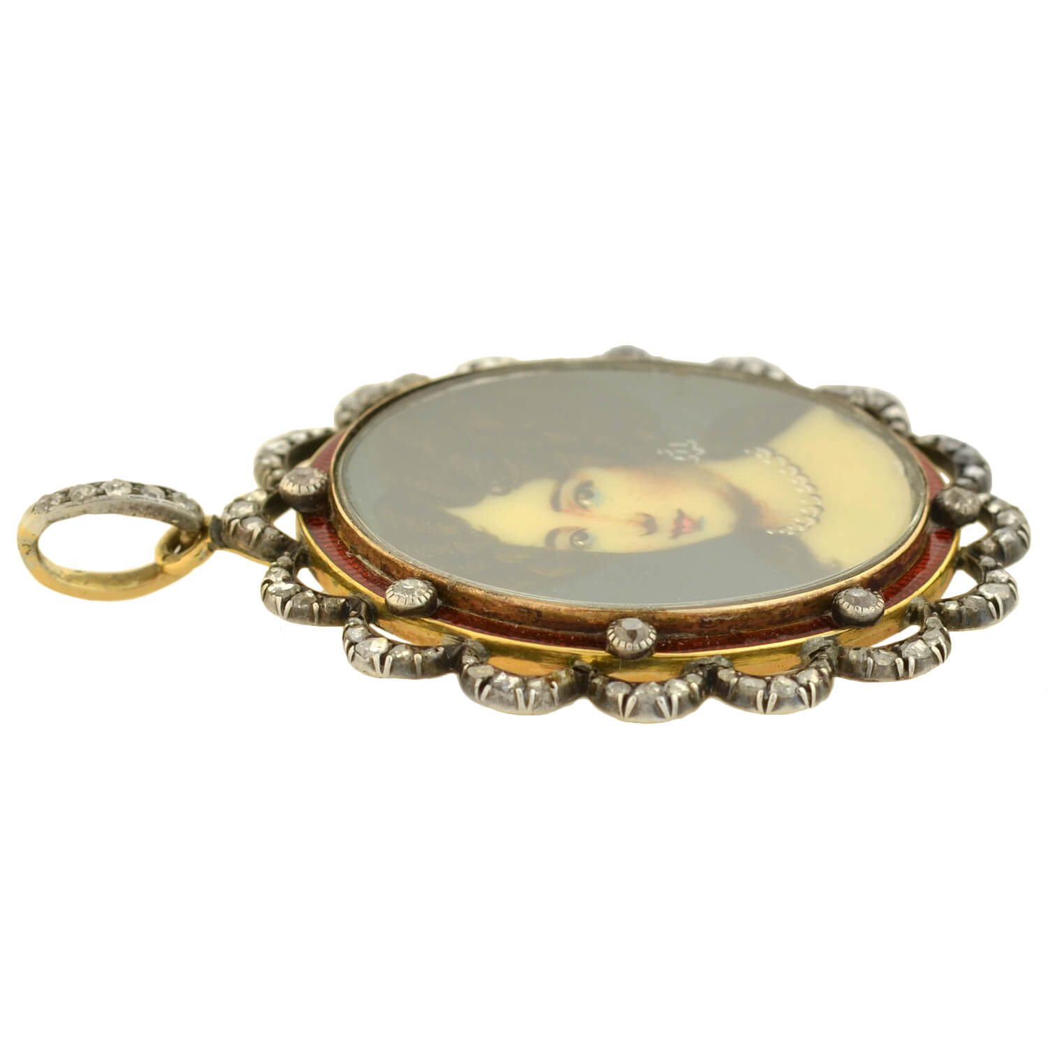 Victorian Sterling/14kt Enameled Diamond + Painted Portrait Locket Pendant