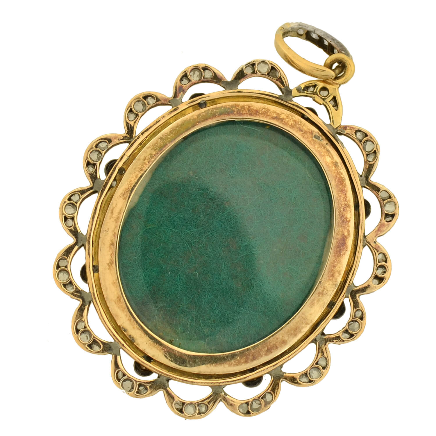Victorian Sterling/14kt Enameled Diamond + Painted Portrait Locket Pendant