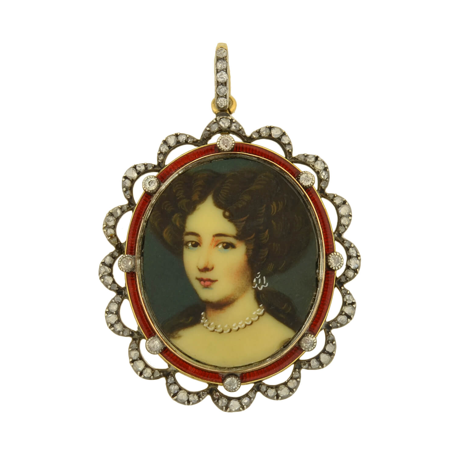 Victorian Sterling/14kt Enameled Diamond + Painted Portrait Locket Pendant