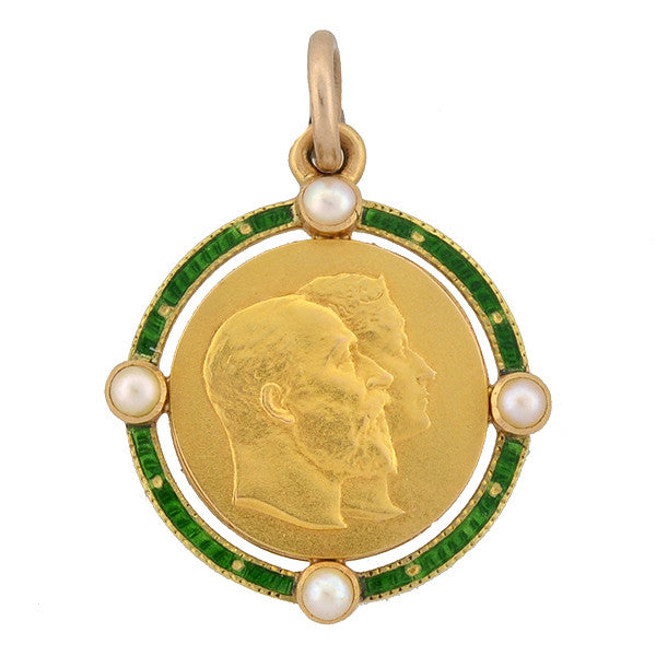 Late Victorian Gold Coin Pearl & Enamel Coin Pendant