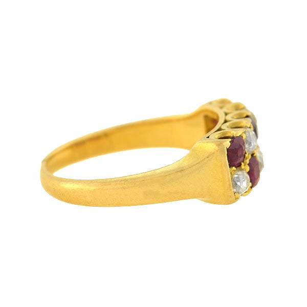 Retro 14kt Gold Alternating Ruby Diamond Ring