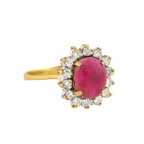 Late Art Deco 14kt 1ctw Ruby Cabochon Diamond Cluster Ring