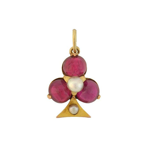 Art Nouveau Petite 15kt Burmese Ruby Pearl Trefoil Pendant