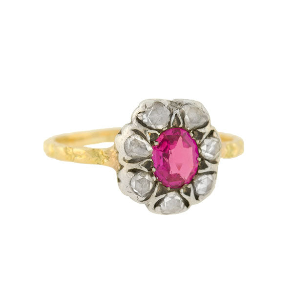 Victorian 15kt/Sterling Burmese Ruby & Diamond Cluster Ring