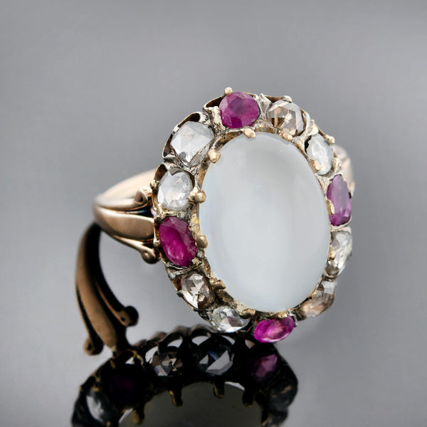 Victorian 18kt/Sterling Moonstone, Ruby + Rose Cut Diamond Cluster Ring