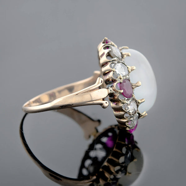 Victorian 18kt/Sterling Moonstone, Ruby + Rose Cut Diamond Cluster Ring