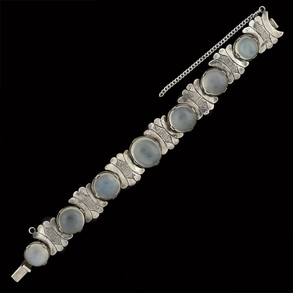 Art Deco Sterling & Moonstone Engraved Link Bracelet