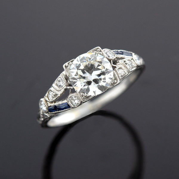 Art Deco Old European Cut Diamond + Sapphire Engagement Ring 1.20ct Center