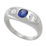 Edwardian Platinum Sapphire + Mine Cut Diamond 3-Stone Ring