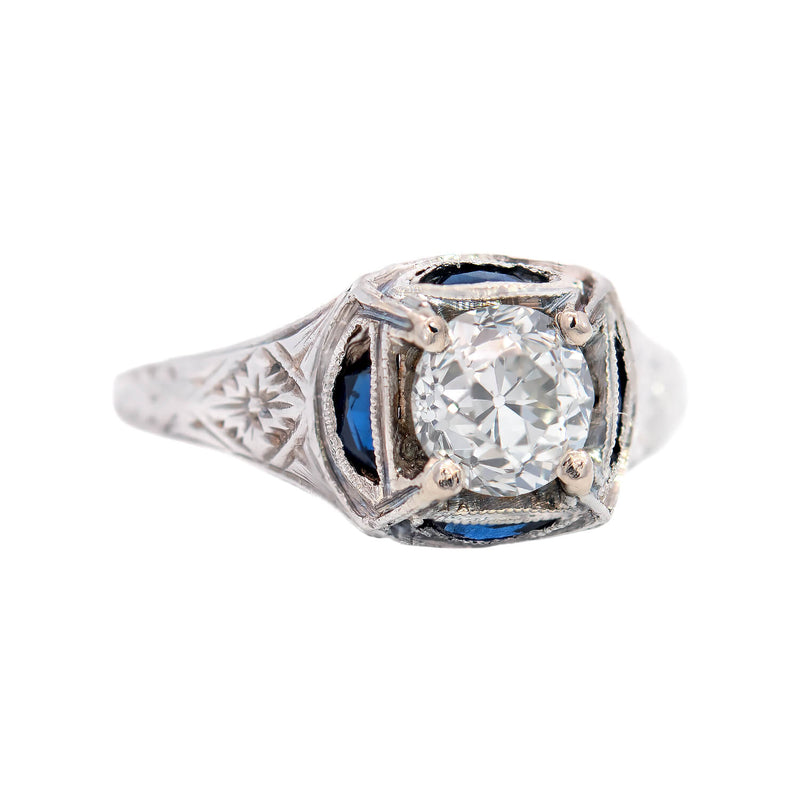 Art Deco 18k Sapphire + Diamond Engagement Ring