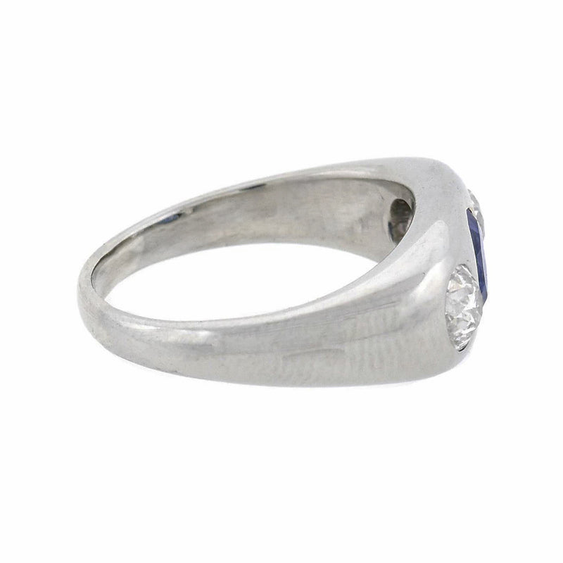 Edwardian Platinum Sapphire + Mine Cut Diamond 3-Stone Ring
